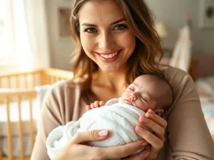 Kobieta w zaawansowanej ciąży czule obejmująca dłońmi swój brzuch w przytulnym, jasnym pokoju dziecięcym.