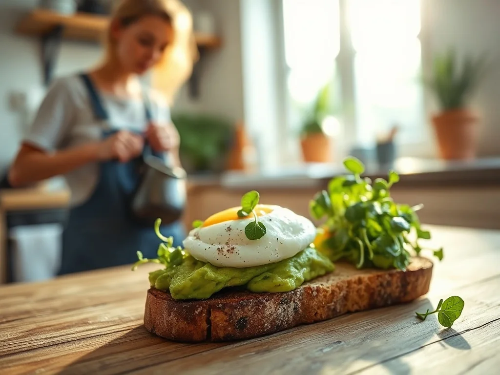 Tost z awokado i jajkiem w koszulce na rustykalnym stole, przygotowany jako pożywne i zdrowe śniadanie.