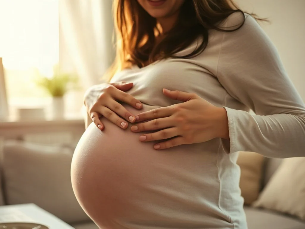 Ciężarna kobieta czule obejmująca swój duży brzuch w przytulnym wnętrzu, podkreślająca radość oczekiwania na dziecko.