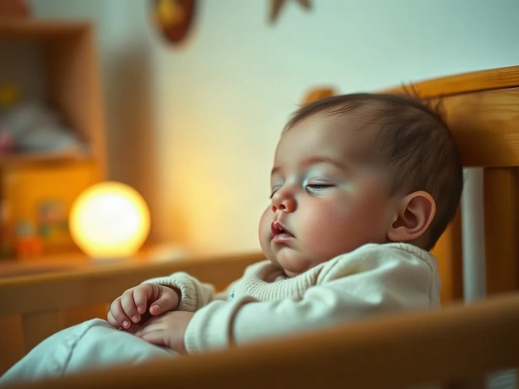 Sześciomiesięczne niemowlę śpiące spokojnie w drewnianym łóżeczku w przytulnym, ciepło oświetlonym pokoju dziecięcym.