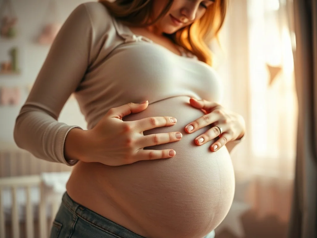 Kobieta w zaawansowanej ciąży czule obejmująca dłońmi swój brzuch w przytulnym, jasnym pokoju dziecięcym.