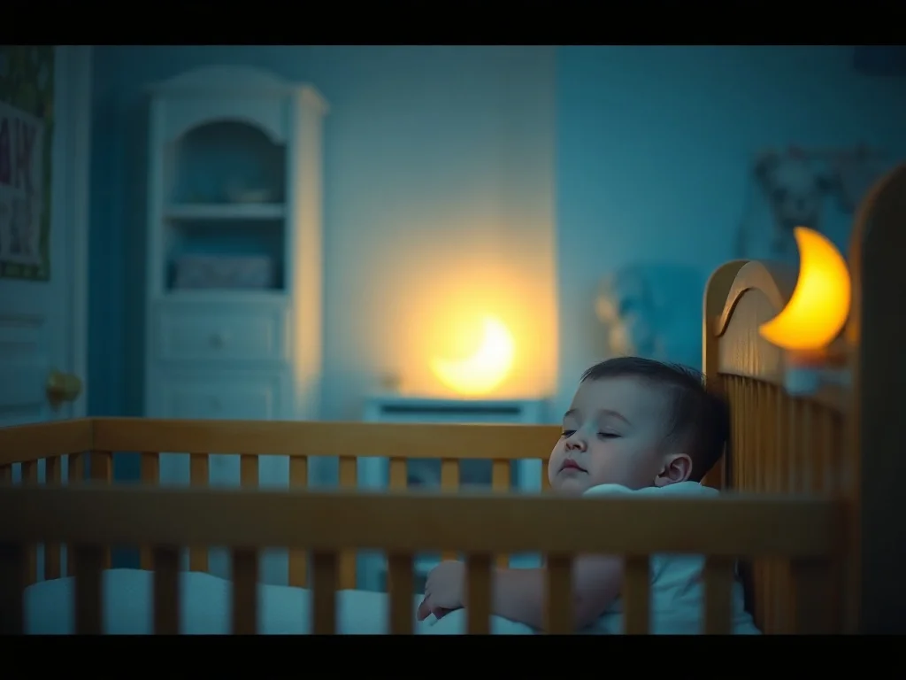 Spokojne dziecko śpiące w łóżeczku przy delikatnym świetle lampki nocnej w przytulnym pokoju.